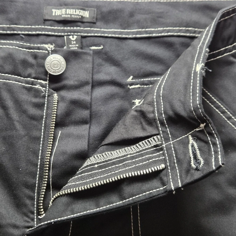 True Religion Cargo Pants Mens 34x31 Black Contrast Stitch Denim Pockets Casual